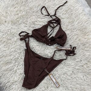 SKIMS SWIM TRIANGLE TOP AND DIPPED TIE BOTTOM IN COCOA in SET